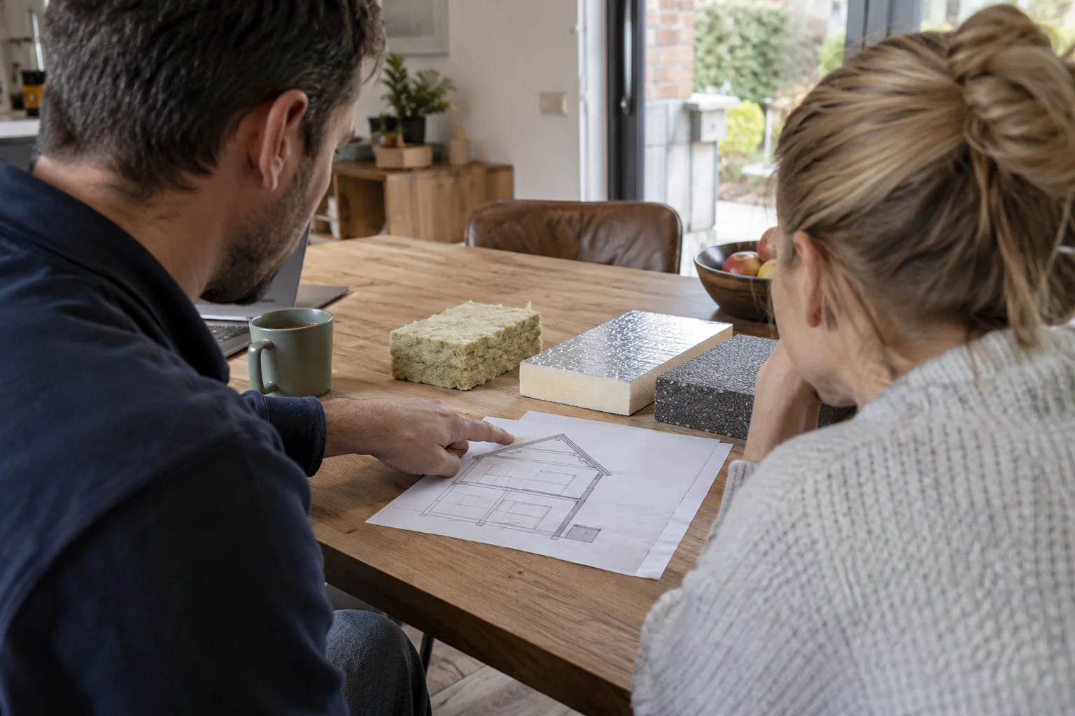 Isolatiewerken voorbereiden met een woningplan en materiaalstalen